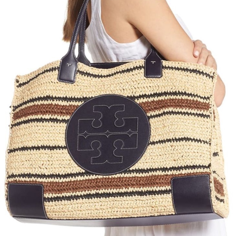 Tory Burch Straw Leather Ella Striped Tote
